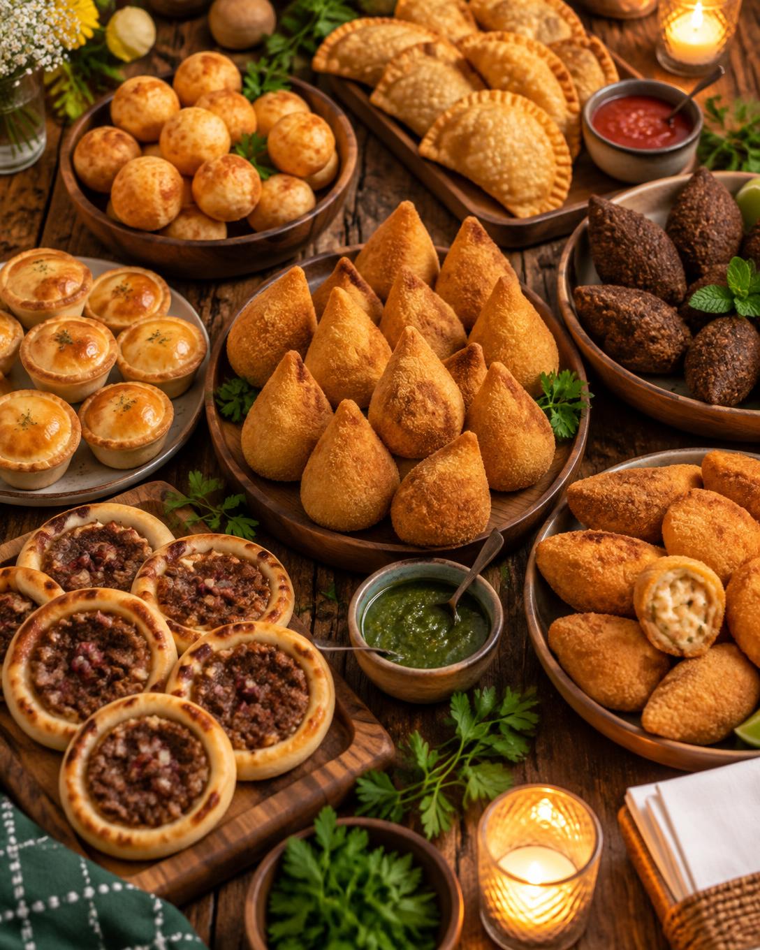 Bandeja dourada cheia de salgados frescos e quentes